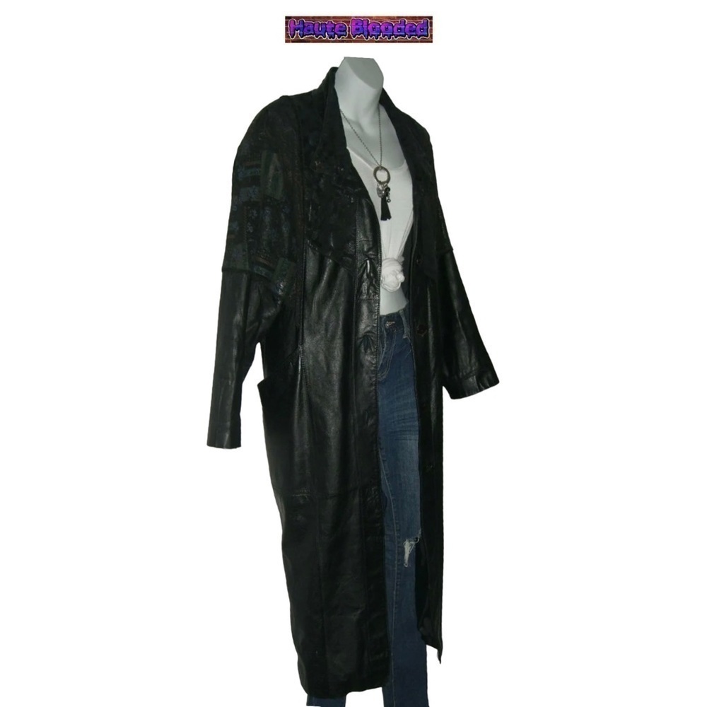 Vintage 90's Long Black Leather Trench Coat Holographic Boho Print Floor Length - Picture 5 of 15